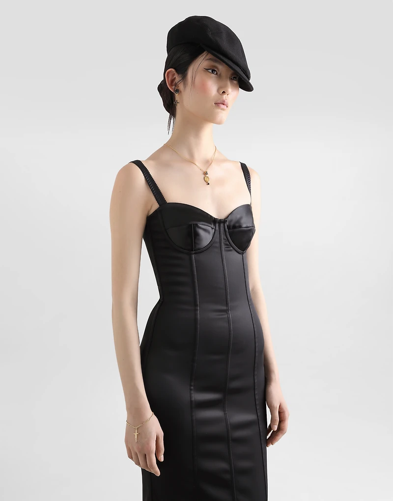 Satin calf-length corset dress with bra detail