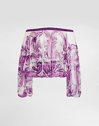 Majolica-print silk chiffon top