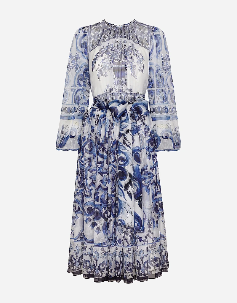 Majolica print chiffon midi dress