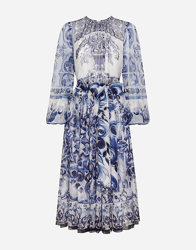 Majolica print chiffon midi dress