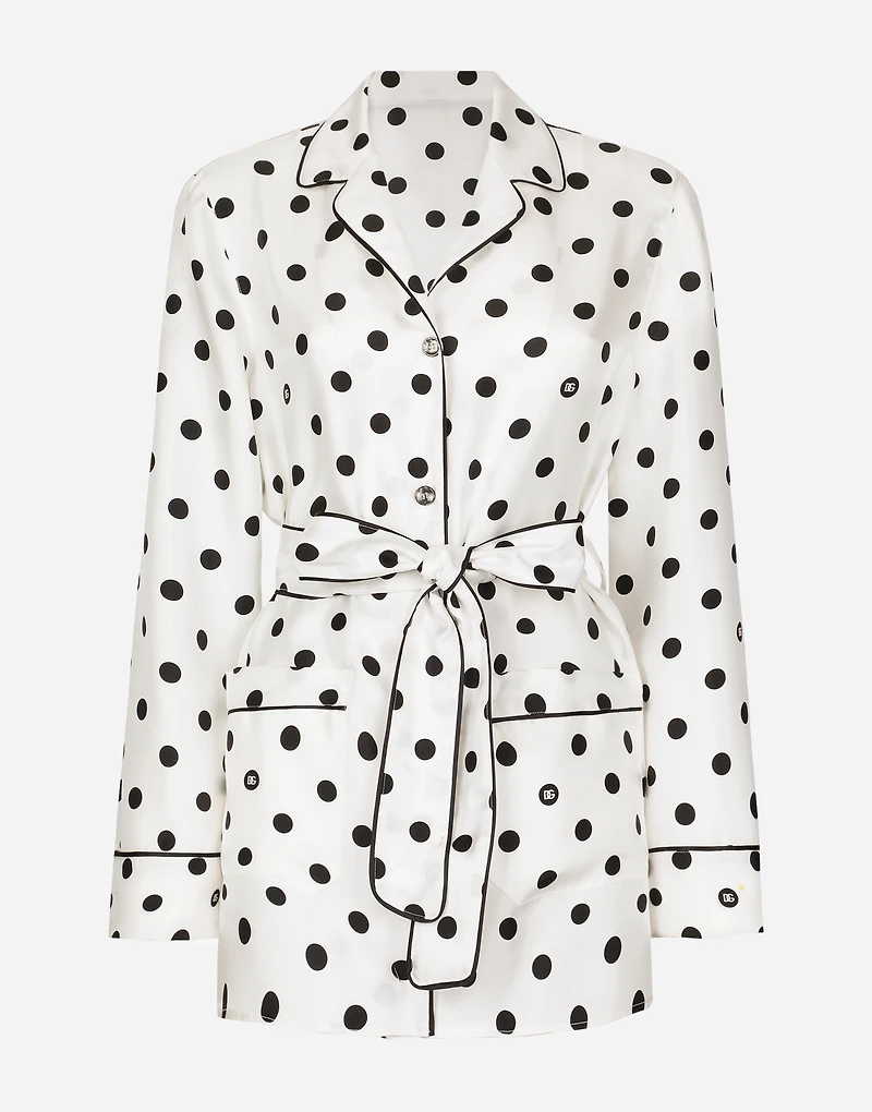 Long-sleeved silk pajama shirt with polka-dot print