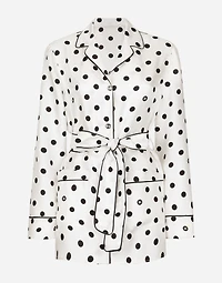Long-sleeved silk pajama shirt with polka-dot print