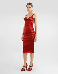 Draped satin calf-length dress with conical cups