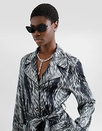 Silk satin pajama shirt with fur print