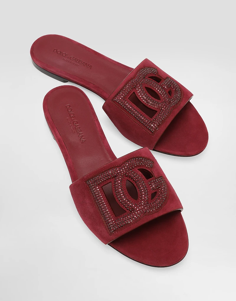 Suede slippers with rhinestones