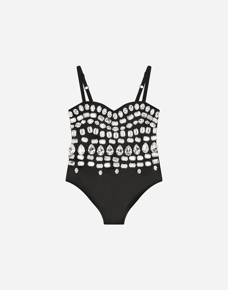 Stretch satin bodysuit with fusible rhinestones