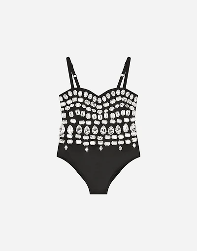 Stretch satin bodysuit with fusible rhinestones