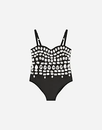 Stretch satin bodysuit with fusible rhinestones