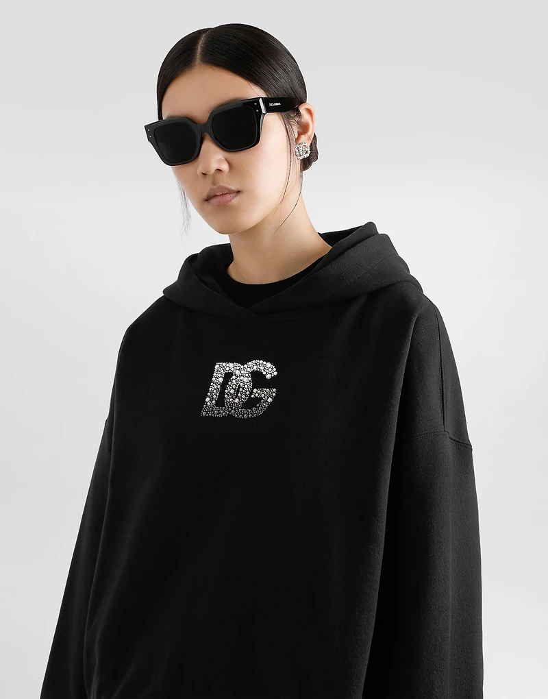 Jersey hoodie with rhinestone-detailed DG embellishment