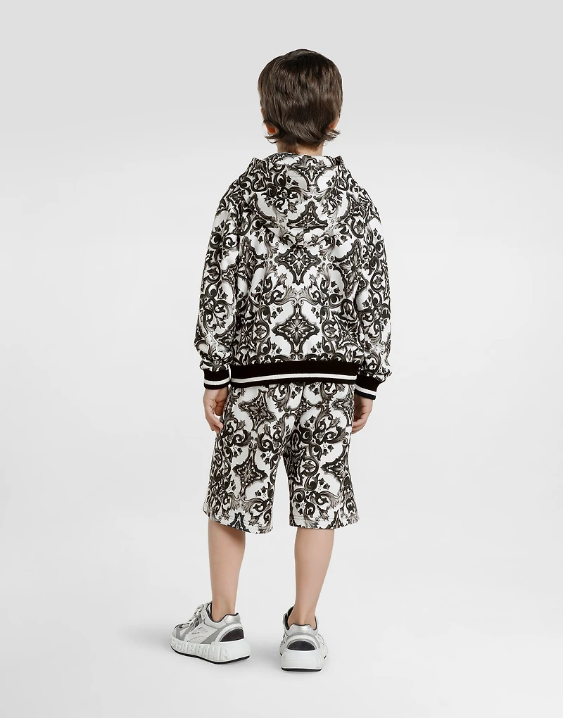 majolica-print hooded sweatshirt with zip