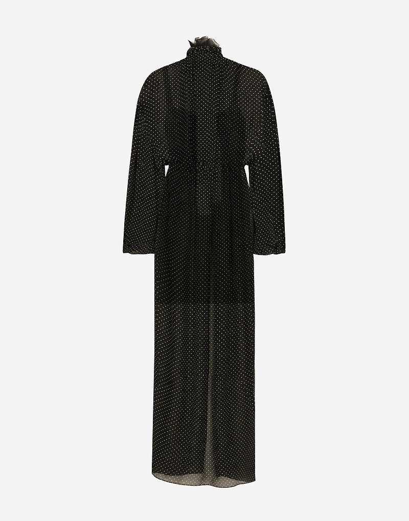 Long silk chiffon dress with polka-dot print, a pussy-bow detail and flower on neck