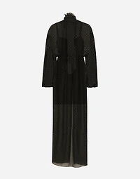 Long silk chiffon dress with polka-dot print, a pussy-bow detail and flower on neck
