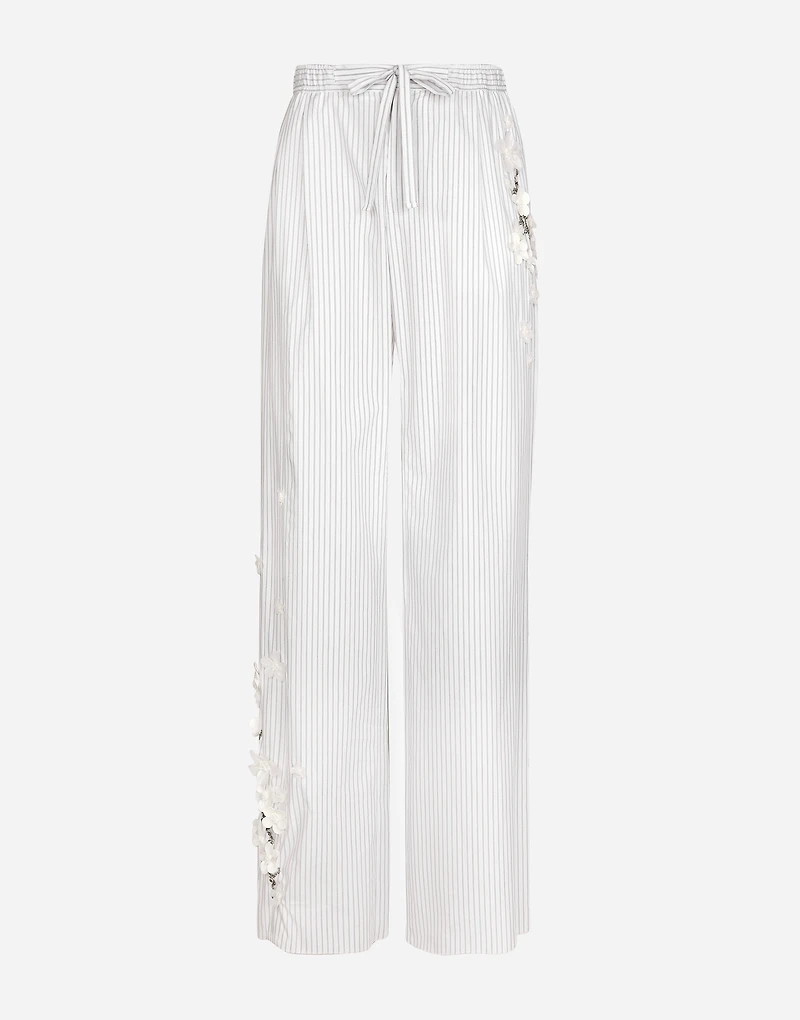 Striped poplin pants with embroidery