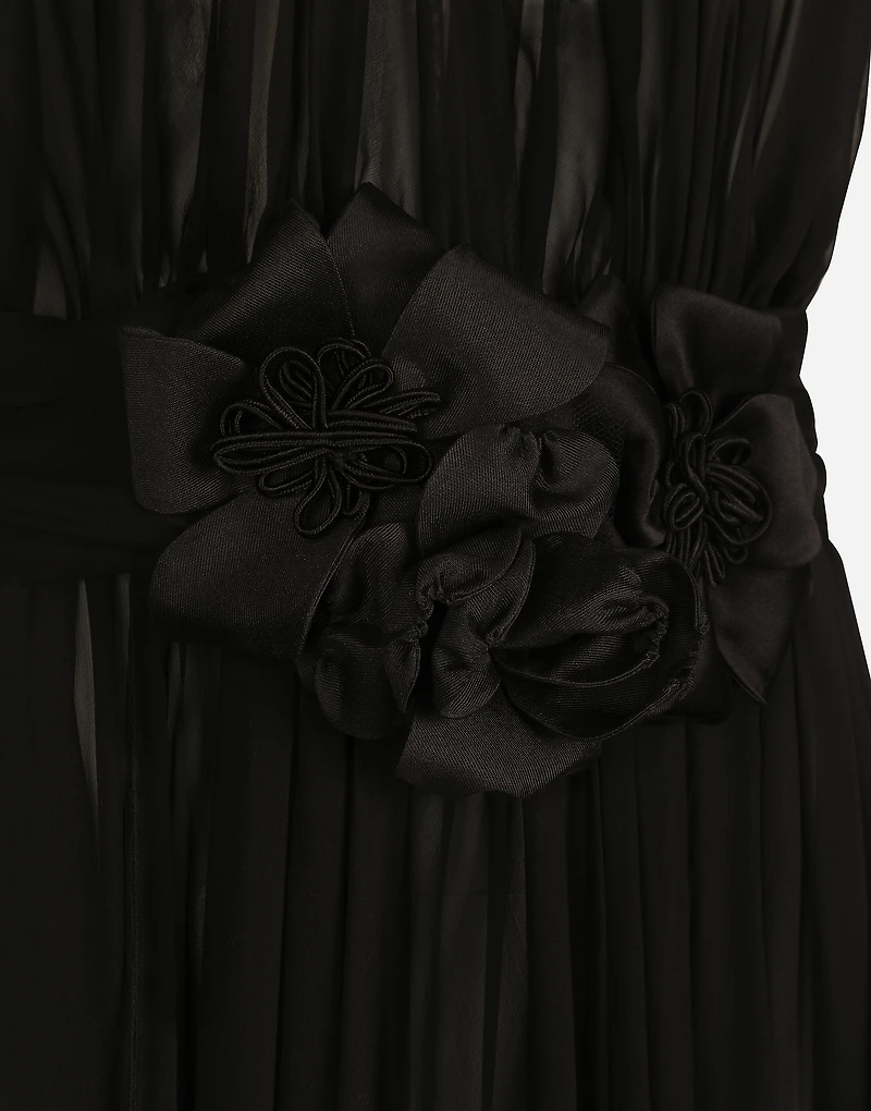 Long silk chiffon dress with floral appliqué