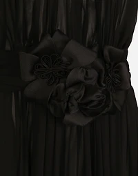 Long silk chiffon dress with floral appliqué