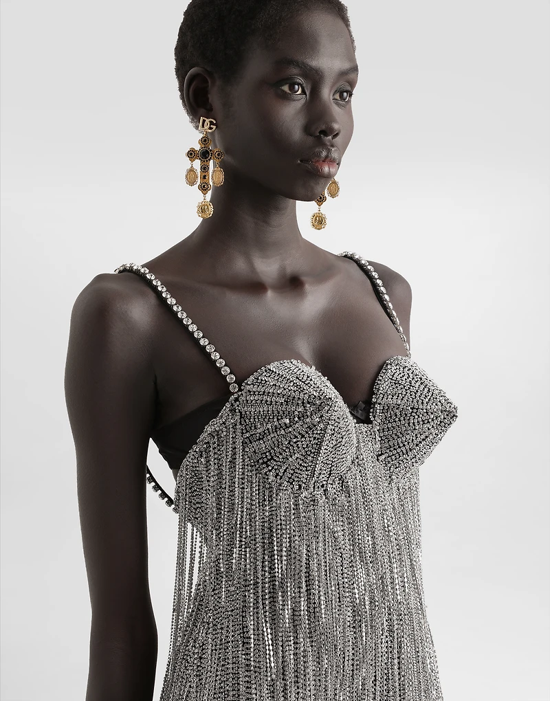 Marquisette calf-length dress with sequined fringing