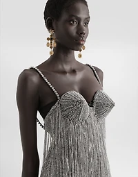 Marquisette calf-length dress with sequined fringing