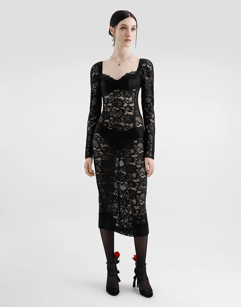 Calf-length floral lace dress with bra-style cups