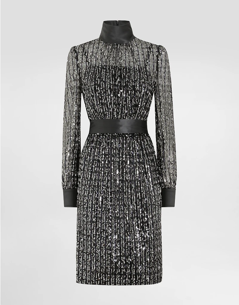 Midi dress with vertical sequin stripe embroidery