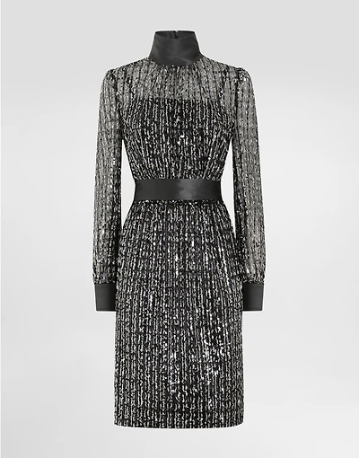 Midi dress with vertical sequin stripe embroidery