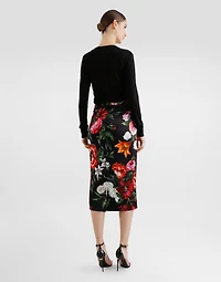 Flower-print satin skirt