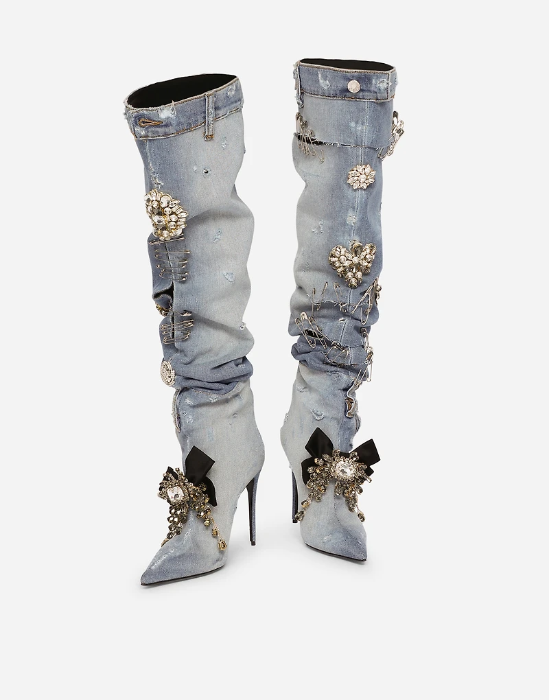 Patchwork denim boots with embroidery