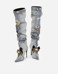 Patchwork denim boots with embroidery