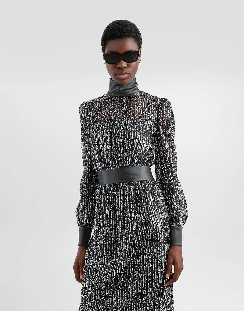 Midi dress with vertical sequin stripe embroidery