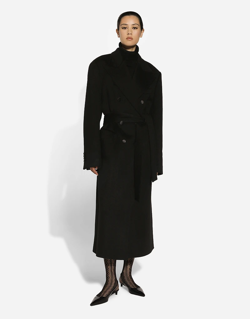 Double-breasted cashmere baize coat with belt