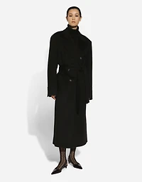 Double-breasted cashmere baize coat with belt