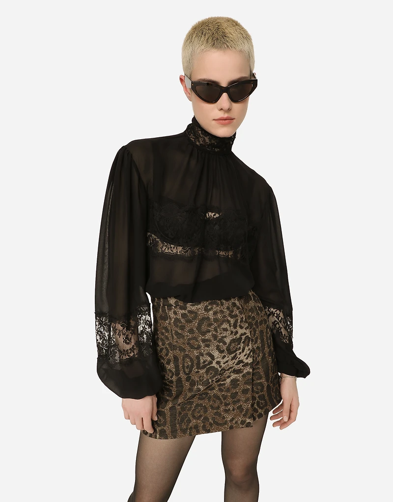 Georgette and lace turtle-neck blouse