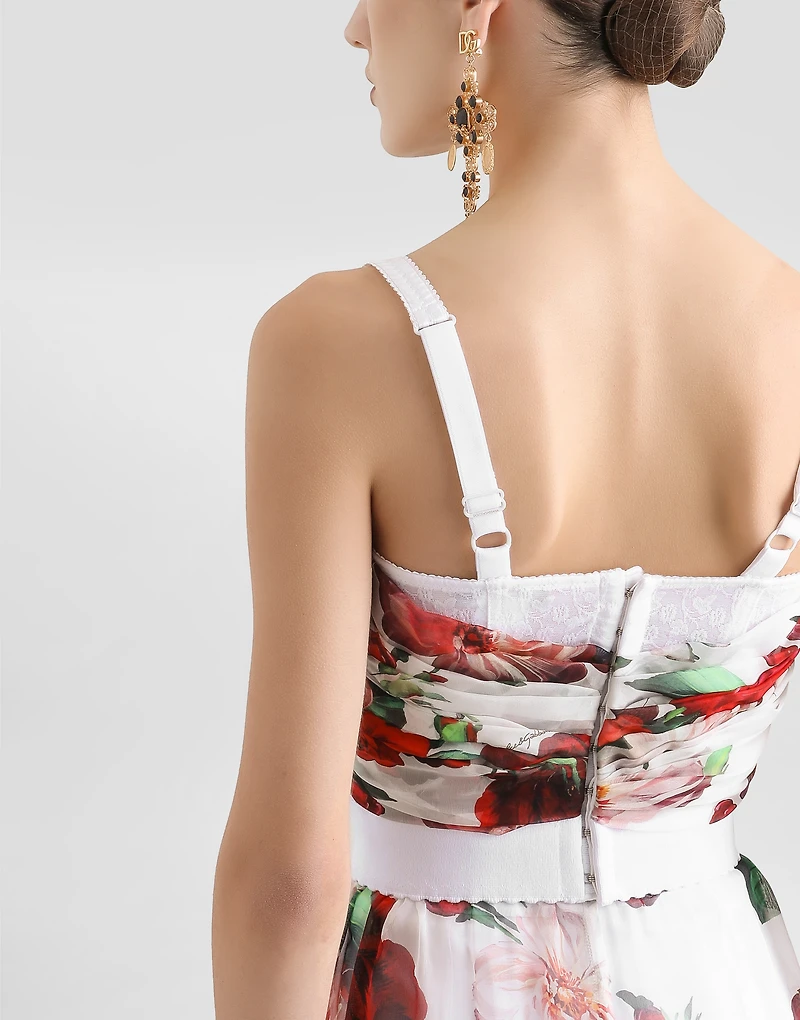 Rose-print marquisette and chiffon corset top