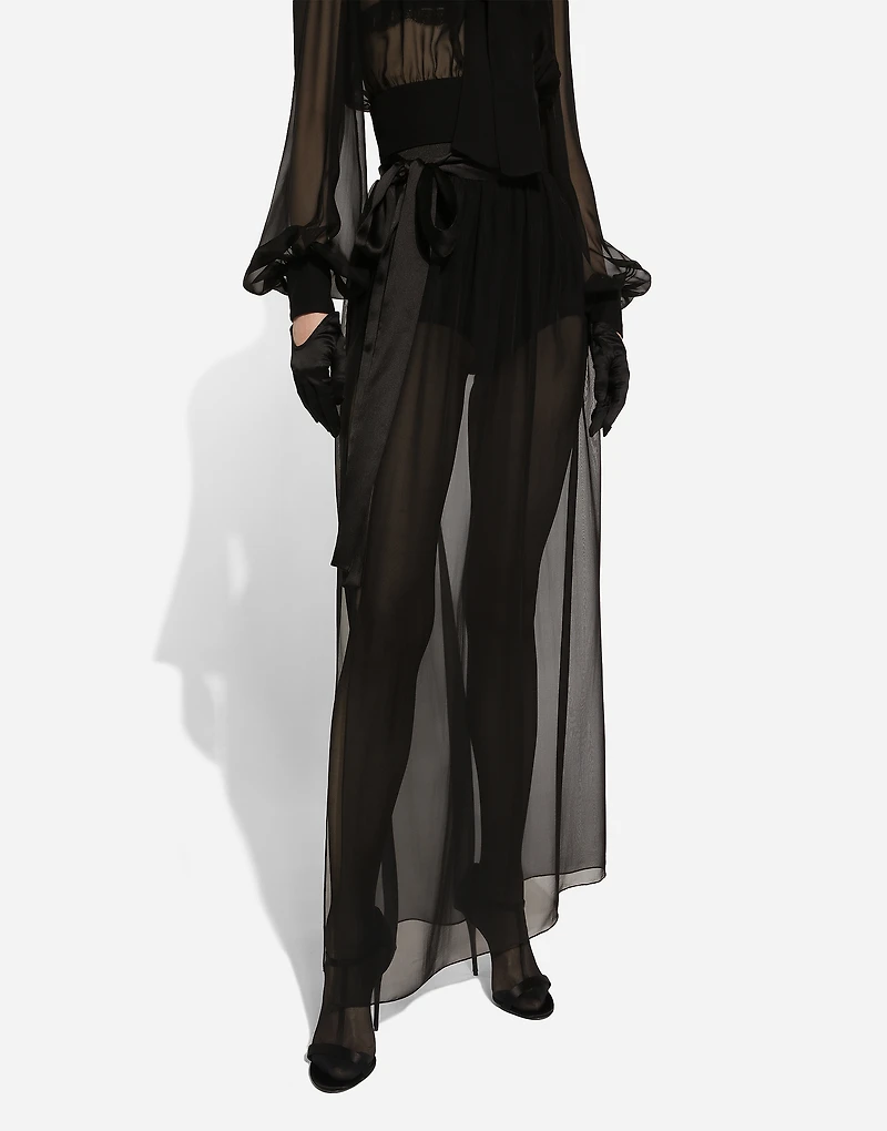 Long silk chiffon skirt with belt