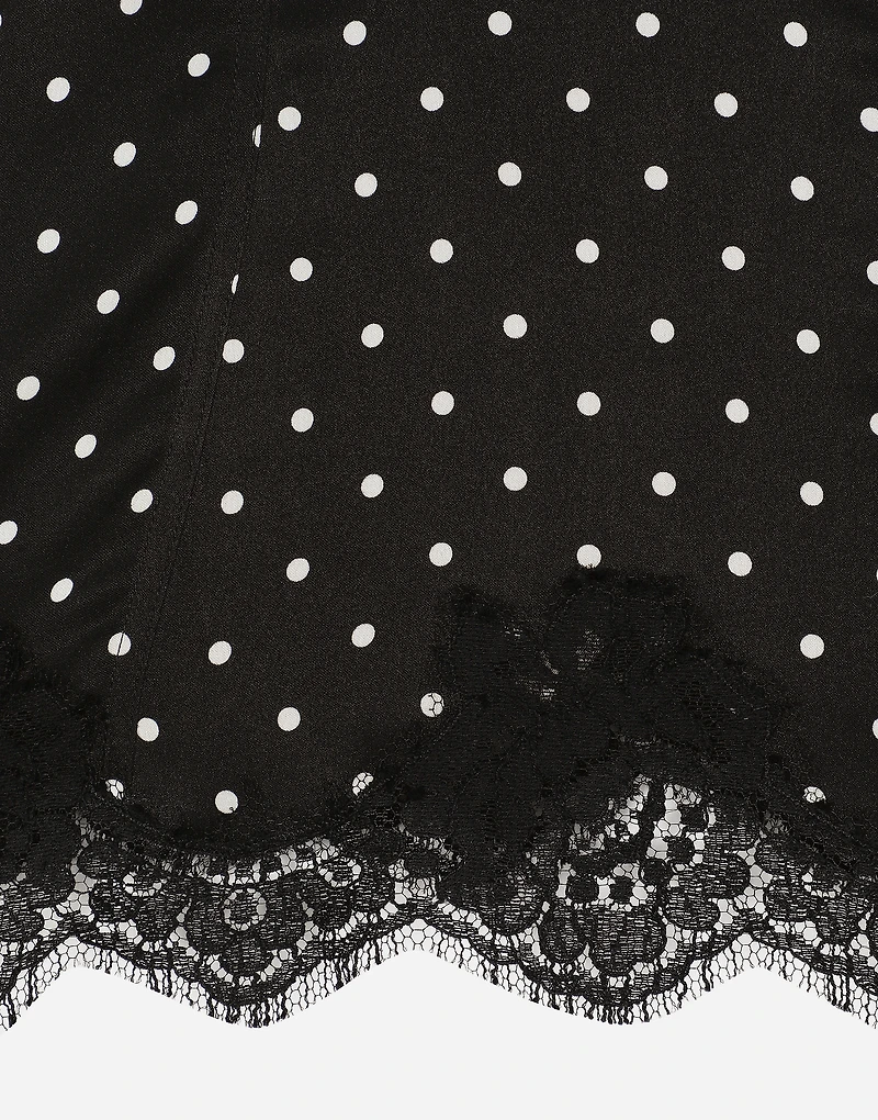 Silk lingerie-style top with polka-dot print and lace detailing