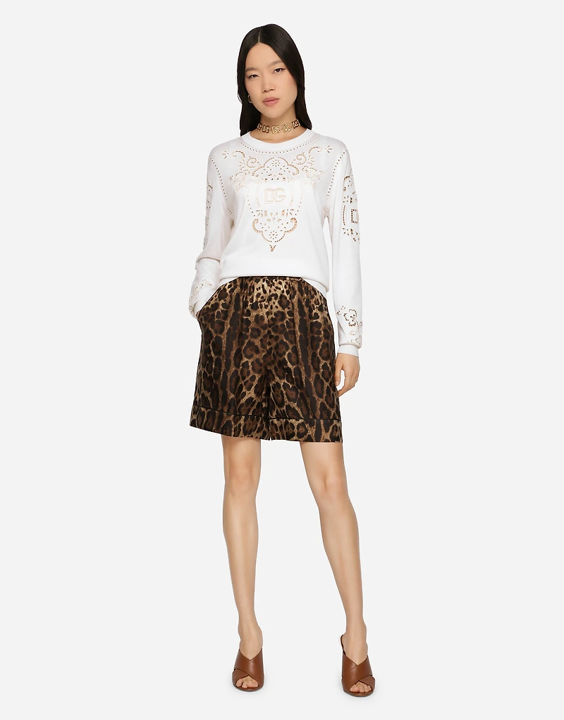 Leopard-print twill shorts with piping