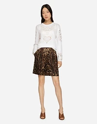 Leopard-print twill shorts with piping