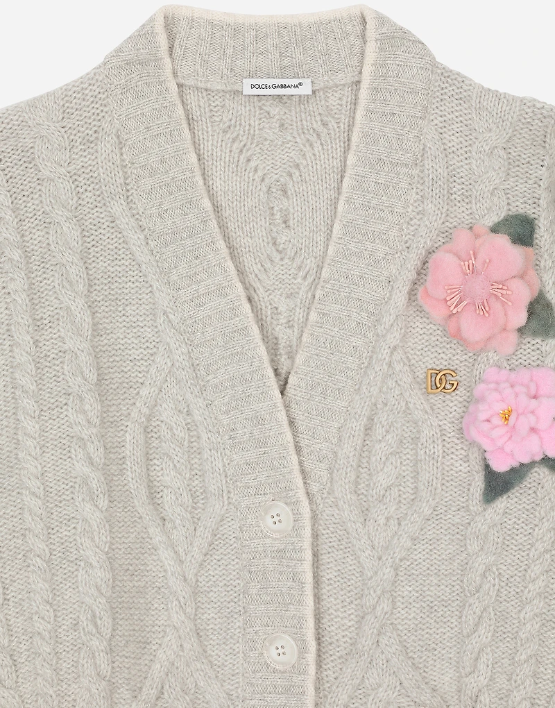Cable-knit cardigan with DG logo and floral detailing