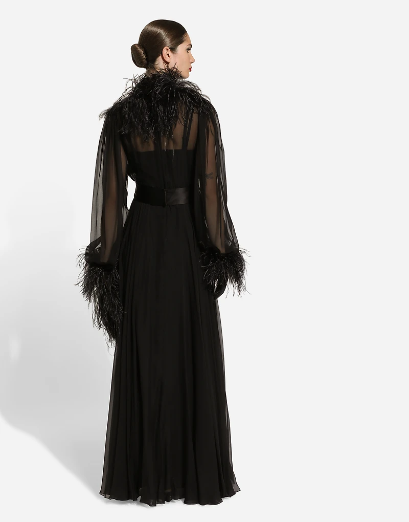 Long silk chiffon dress with ostrich feather details