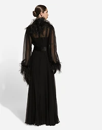 Long silk chiffon dress with ostrich feather details