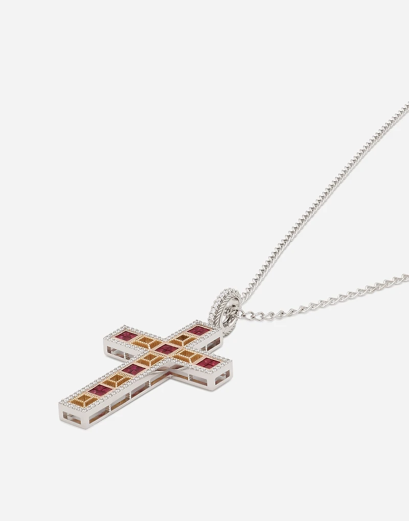Cross Pendant 18-carat white gold with rubies and diamonds