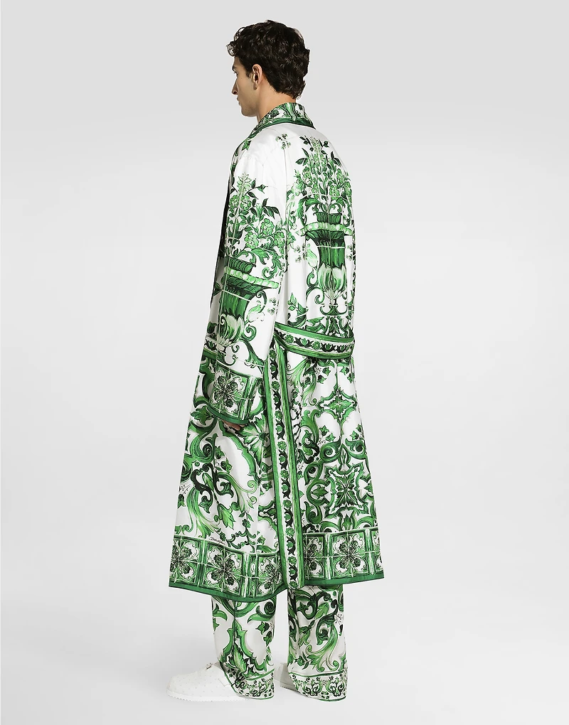 Oversize silk and yarn shirt with majolica print