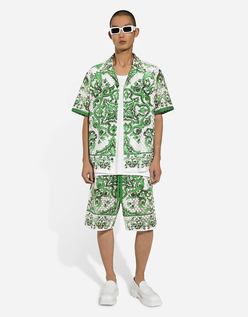 Majolica-print crochet Hawaiian shirt