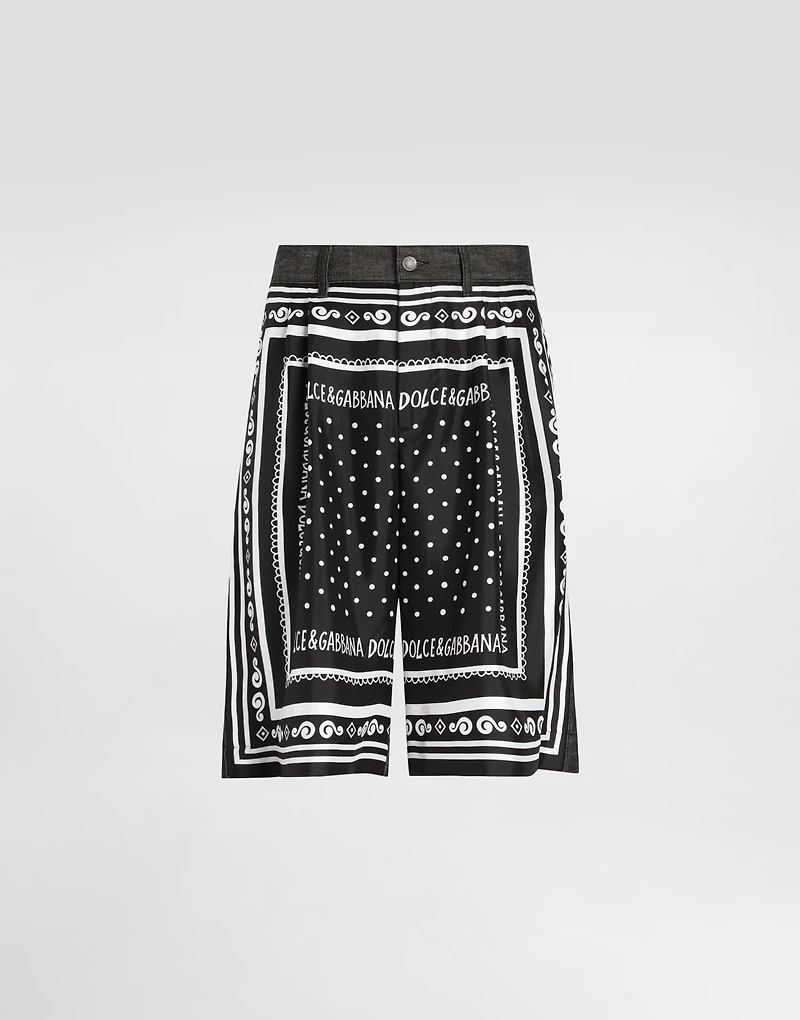 Printed silk and denim shorts