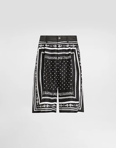 Printed silk and denim shorts