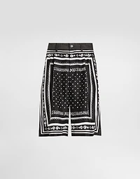 Printed silk and denim shorts