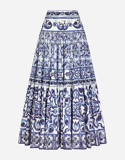 Long majolica-print poplin skirt