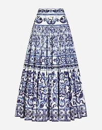 Long majolica-print poplin skirt