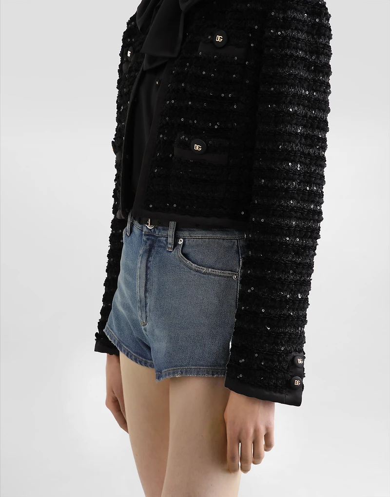 Short single-breasted tweed jacket with micro-sequin embellishment