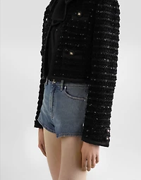 Short single-breasted tweed jacket with micro-sequin embellishment