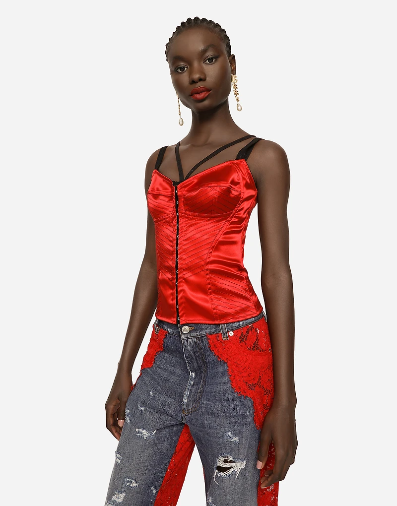 Satin corset with top-stitching and hook-and-eye fastenings
